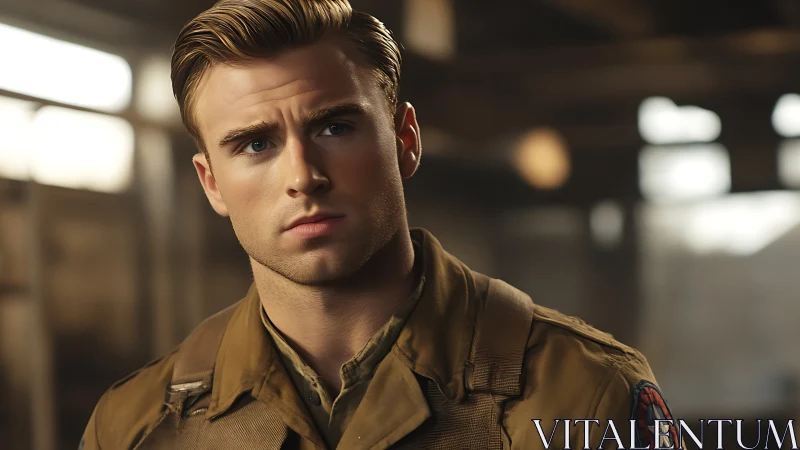 Cinematic close-up of wartime pilot in soft diffused lighting.