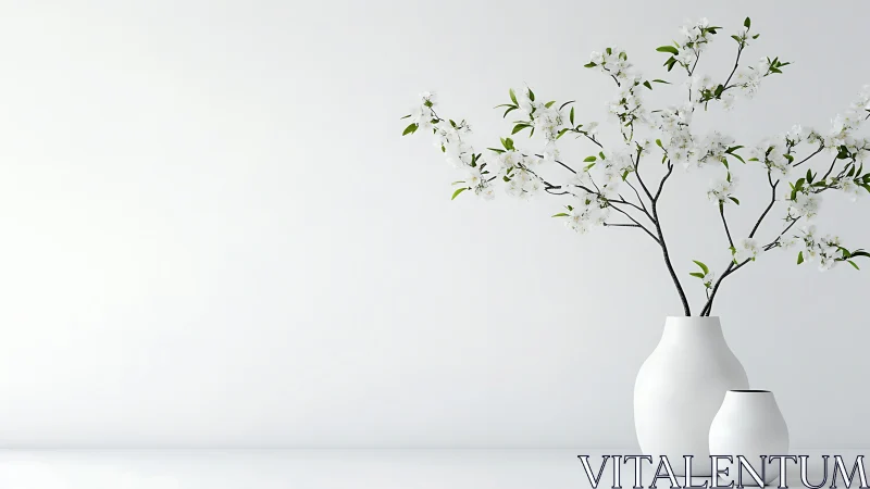 Minimalist White Ceramic Vases with Flowering Branches.