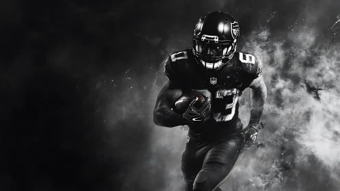 American football runner emerges through monochrome smoke burst