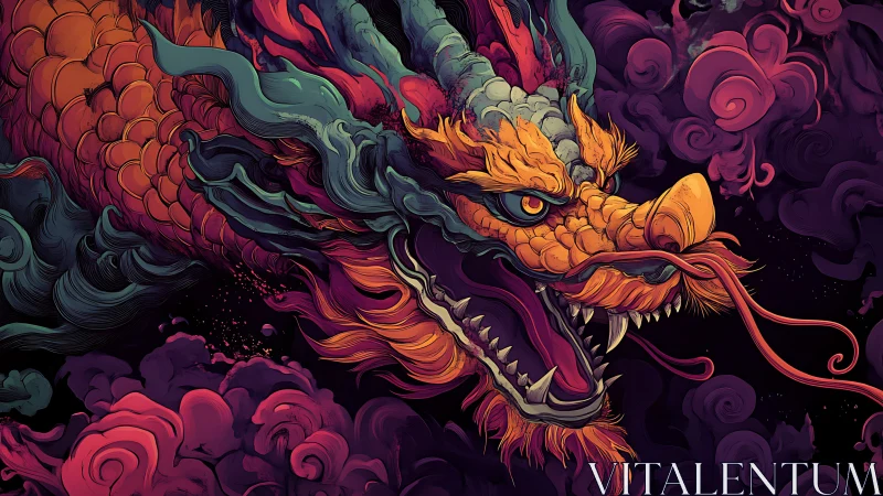 Coiling inferno dragon head amid swirling neon smoke clouds.