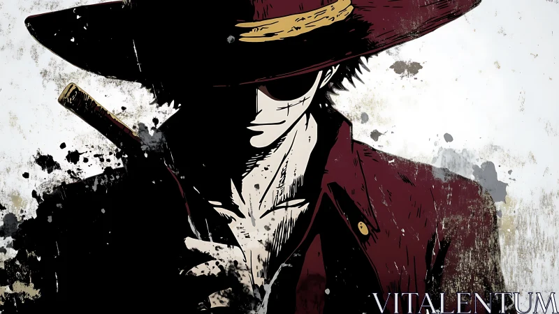 Shadowed swordsman in red coat leans forward under wide hat