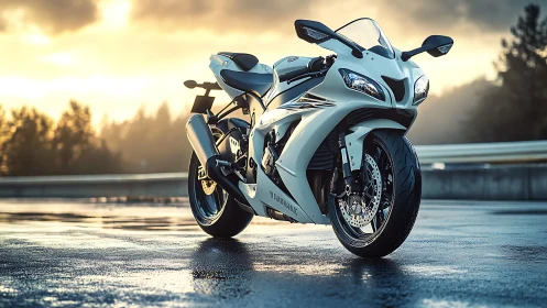 Storm-bright superbike idol under rain-polished sunrise sky.