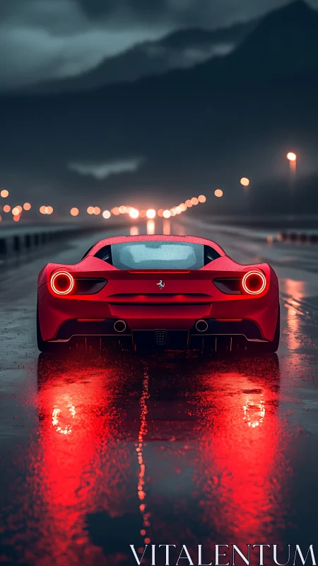 Red sports car on wet highway at dusk with rear lights on.