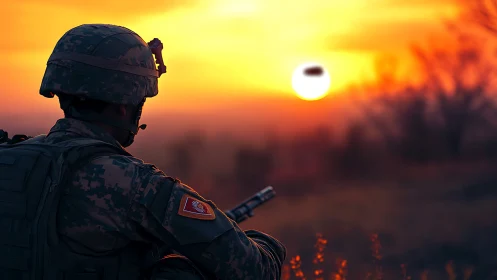 Sunset sentinel watching a lonely battlefield horizon glow.