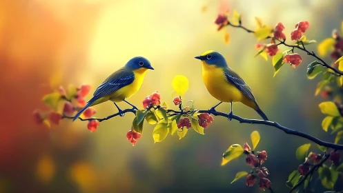 Two yellow songbirds on flowering branch, soft dreamy background.