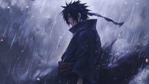 Brooding cloaked swordsman rendered in dynamic rain backlighting