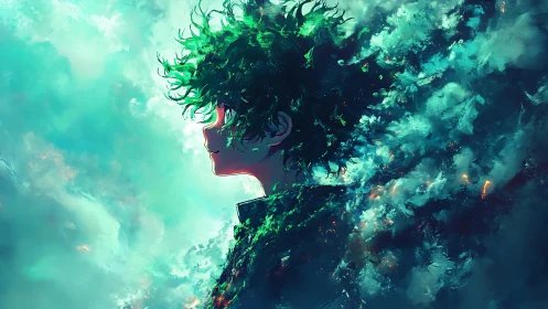 Storm-tossed dreamer dissolves into luminous teal sky.