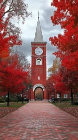 Clock tower walkway framed by glowing red autumn trees.