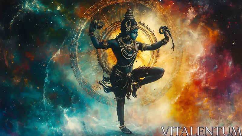 Cosmic dance deity framed by radiative mandala halo field.