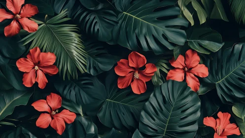 Tropical flowers and dense foliage arranged in systematic botanical composition.