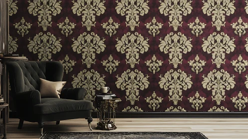 Dark tufted armchair with gold damask wallpaper in moody room
