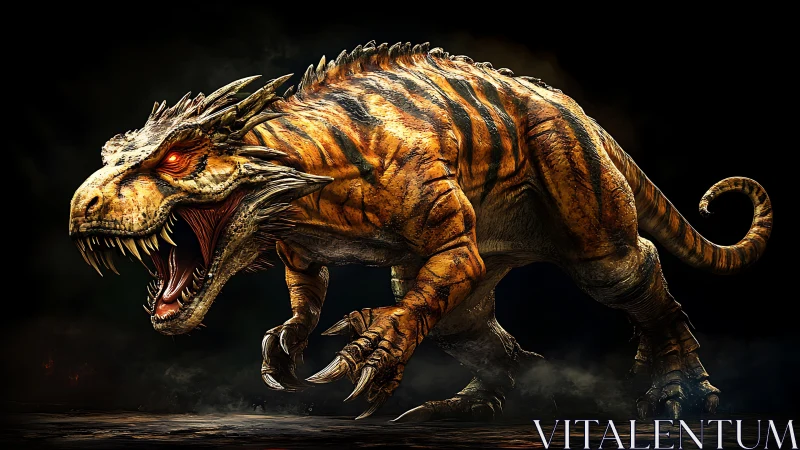 Tiger-striped reptilian monster roars in a dark environment