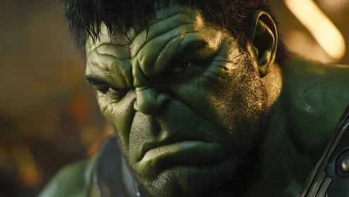 Photorealistic green brute close-up with intense glare.