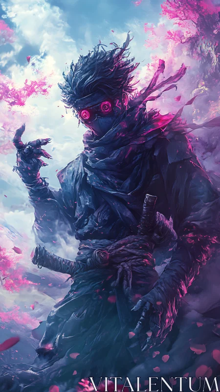 Cyber ninja warrior amid neon petals and storm clouds.
