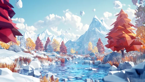Low poly winter river winds through vivid crystal mountains