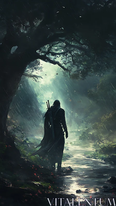 Armored wanderer in rain-soaked forest ravine under diffused backlight