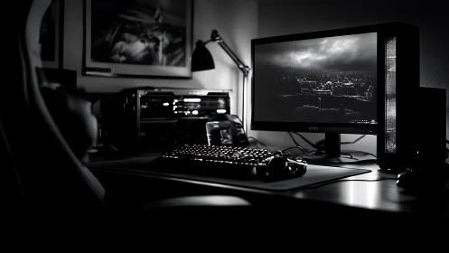 Monochrome gaming workstation glows in dramatic low light.