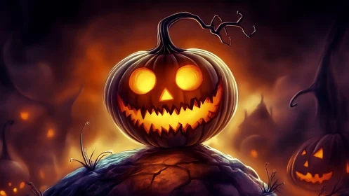 Glowing jack-o-lantern on rocky hill in eerie foggy graveyard.