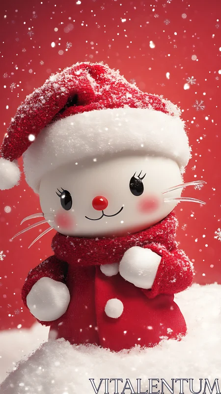 Snow-dusted kawaii cat in bright red Santa outfit