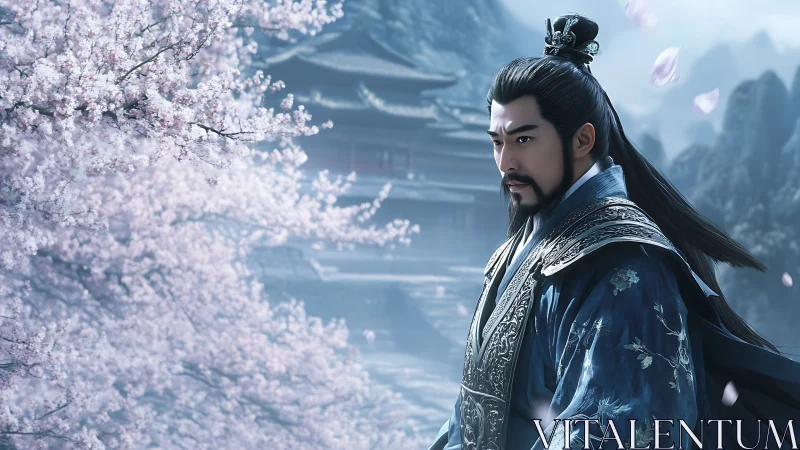 Historical warrior in ornate armor near cherry blossoms.