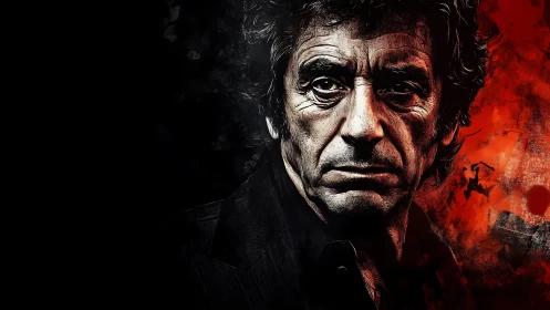 Grim middle-aged male portrait on red-black textured ground