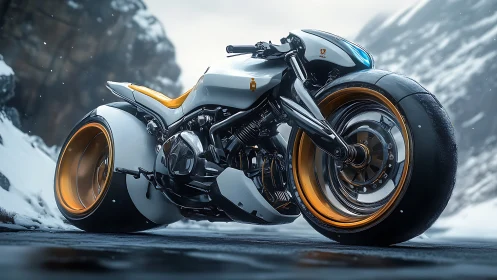 Futuristic concept motorcycle on snowy mountain road.