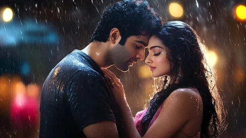 Romantic Rain Encounter: Cinematic Bokeh Portrait with Warm Urban Lighting