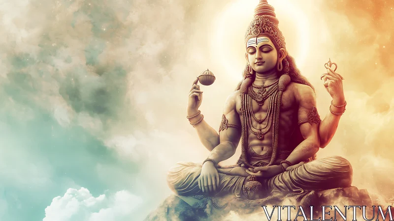 Celestial yogi rests in luminous clouds of sunrise serenity