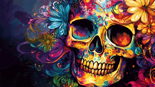 Vibrant floral skull glows in a swirling neon night