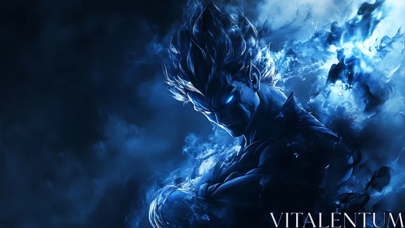 Midnight energy warrior ignites in blazing electric blue storm.