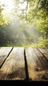 Sunlit wooden table facing soft focus forest background.