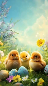 Three fluffy chicks among painted Easter eggs in meadow