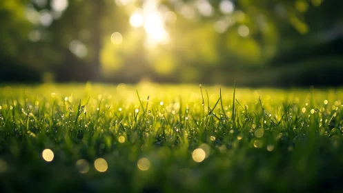 Macro sunrise lawnscape with dewy bokeh field depth study.