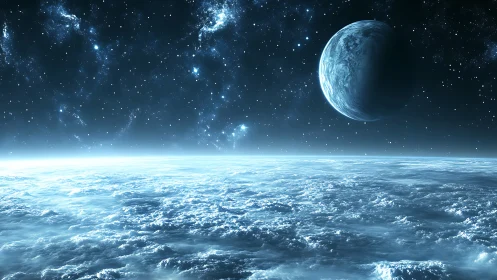 Frozen alien horizon stretches beneath distant icy planet.