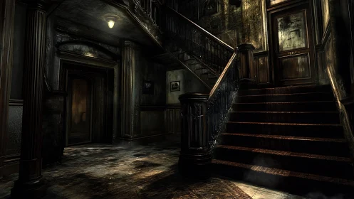 Decaying neoclassical stairwell under cinematic low-key lighting.