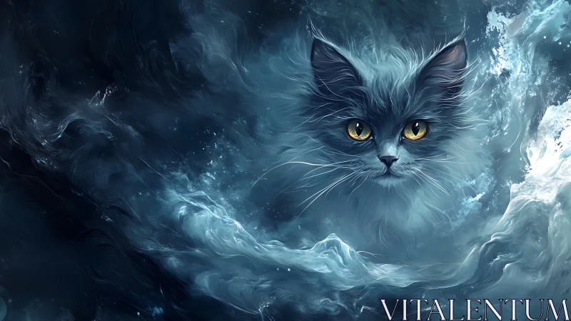 Feline portrait rendered within swirling atmospheric particle effects.