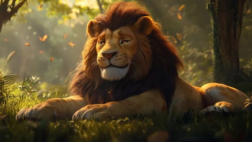 Digital painting of regal lion in dappled forest light.