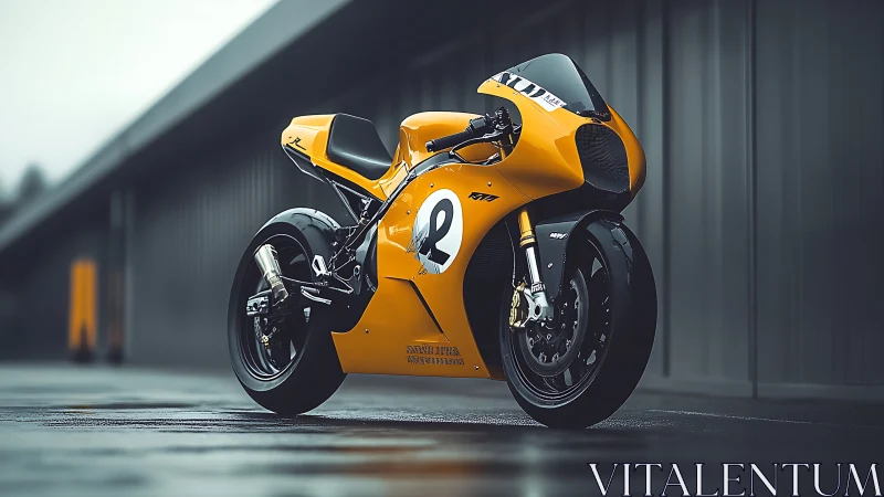 Sleek yellow racing motorcycle stands poised on wet asphalt.