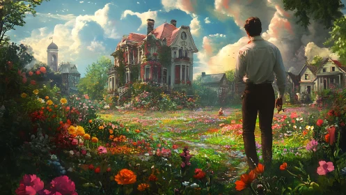 Sunlit garden path leads a thoughtful figure toward a vivid home