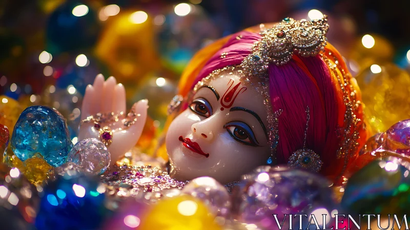 Divine doll portrait glows amid jeweled bokeh lights.