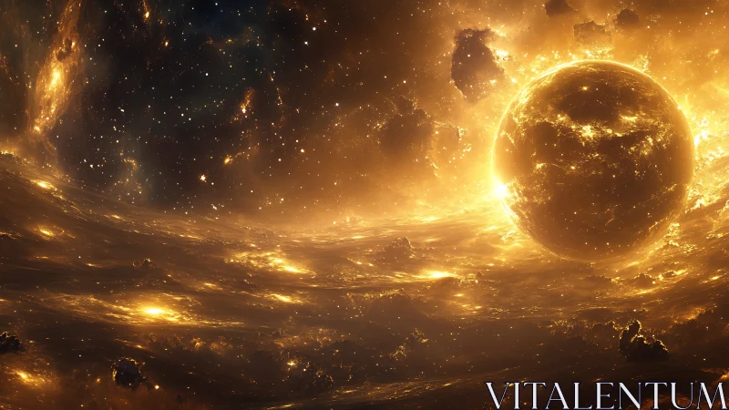 Golden cosmic planet drifts through blazing stellar waves.