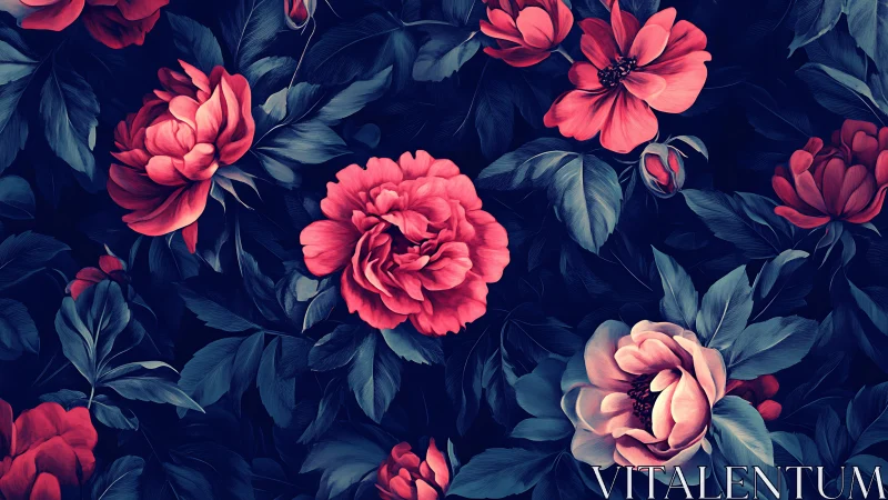 Crimson Peonies Against Deep Navy: Botanical Study