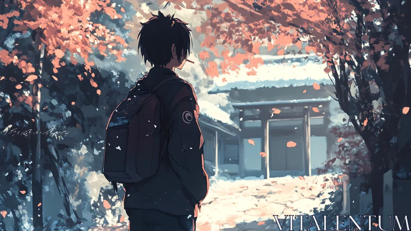 Solitary student in courtyard under autumn foliage at dusk.