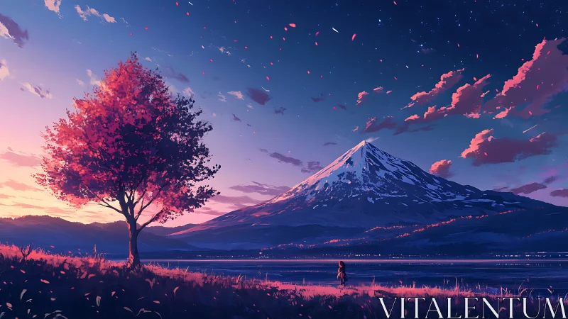 Solitary cherry tree glows at dusk before a snowy mountain.