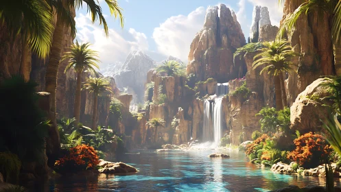Canyon landscape with waterfall, palms, and distant peaks.