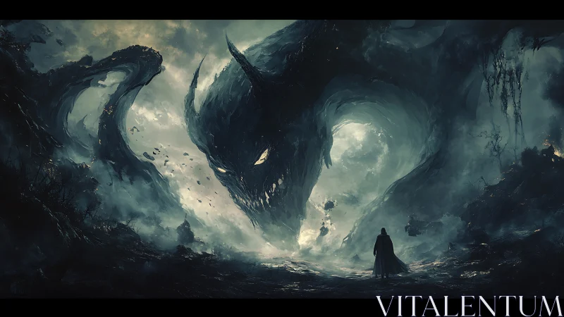 Cloaked figure confronts vast horned shadow monster in fog