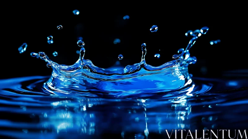 Blue water droplet splash captured in sharp close-up detail.