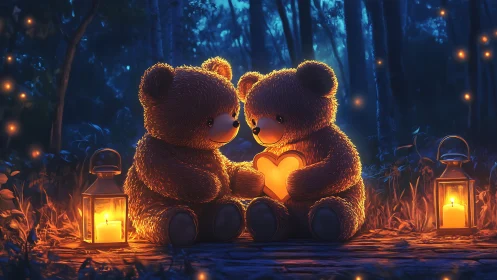 Two Bears Sharing Luminous Love in Enchanted Forest Night.
