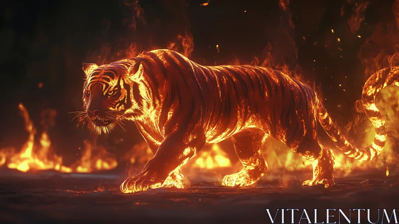 Blazing tiger strides through glowing flames with fierce grace