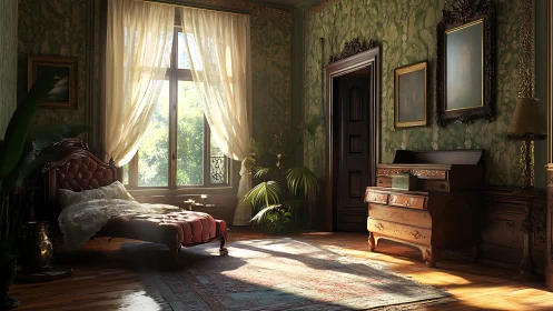 Sunlit velvet chaise in a secretly regal vintage bedroom.